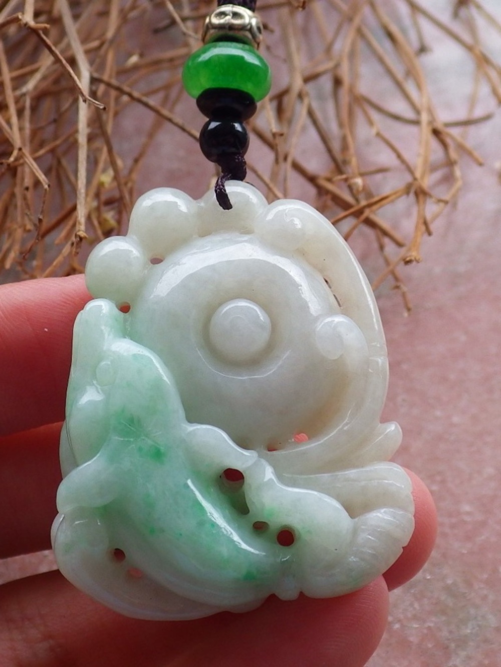 Certified Natural Burma Grade A Jade Jadeite Dolphin Fish Ruyi Pendant Necklace